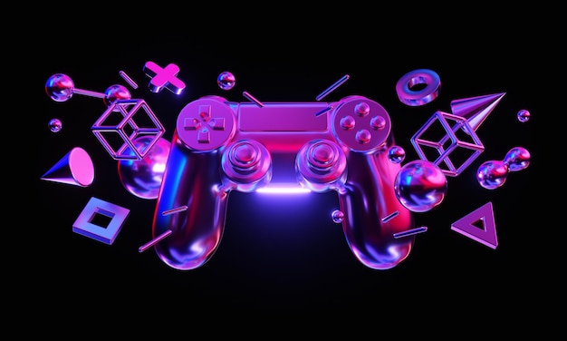 Gamepad com elementos geométricos abstratos na ilustração de renderização 3d de fundo escuro