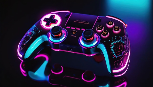 Gamepad com luzes de néon coloridas em um fundo escuro renderização 3D