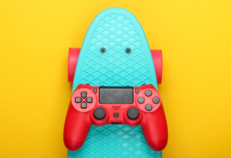Foto gamepad com placa cruiser em um amarelo.