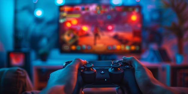 Gamepad in den Händen eines Gamers auf einem technologischen Hintergrund Neonbeleuchtung Videospiele online mit Freunden Gewinne Preise Spaß Unterhaltung Jugendkultur virtuelle Realität