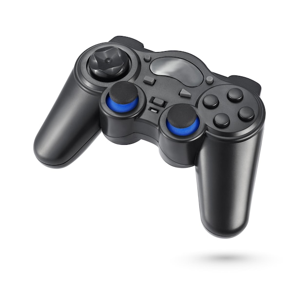 Gamepad inalámbrico de plástico negro o joystick aislado sobre fondo blanco