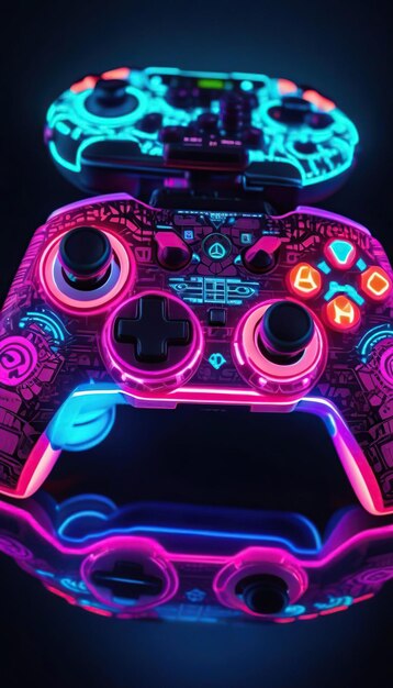 Foto gamepad con luces de neón coloridas en un fondo oscuro renderización 3d