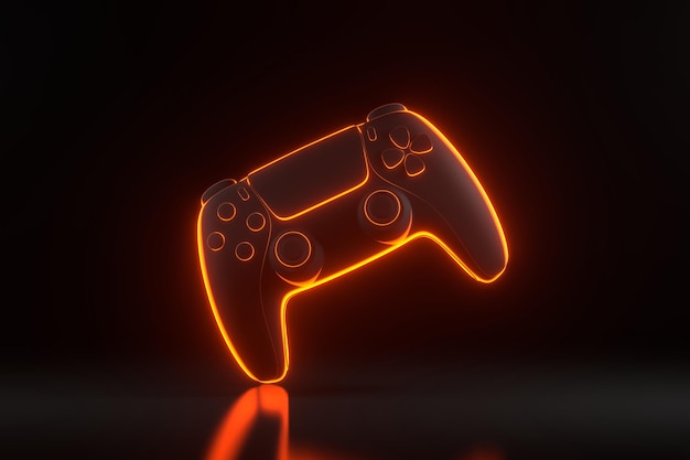 Gamepad con luces de neón naranja futuristas brillantes sobre fondo negro Ilustración de renderización 3D