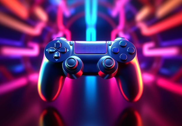 Gamepad moderno com fundo neon colorido