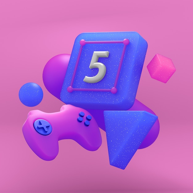 Foto gamepad nas bolas coloridas no fundo azul. renderização 3d.