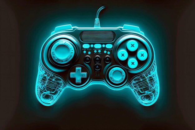 Foto gamepad para videogames com luzes e botões azuis neon