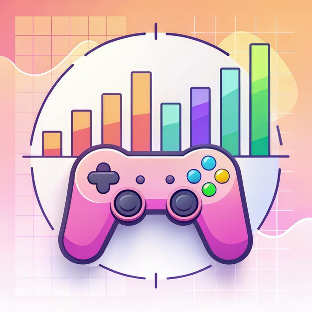 Un gamepad rosa con gráficos de líneas en un fondo colorido que representa las tendencias de juegos AI generativa