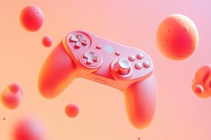 Gamepad en turquesa flotando en un entorno metaverso de colores pastel rodeado de coloridas formas geométricas y nubes que evocan un ambiente lúdico y surrealista
