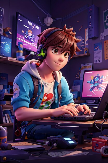 Gamer boy personagem e equipamento de computador ai imagem