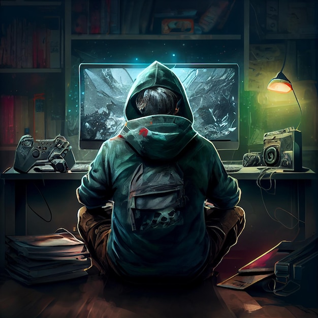 Gamer, der auf Desktop-PC-Computerspielillustration spielt