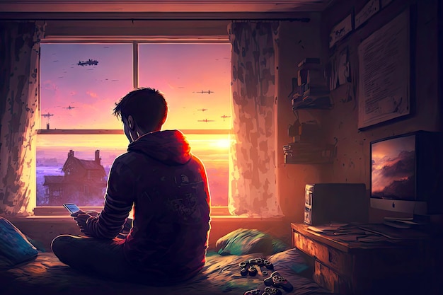 Gamer con gamepad y controlador se sienta en la habitación con ventanas en el fondo de la luz del amanecer