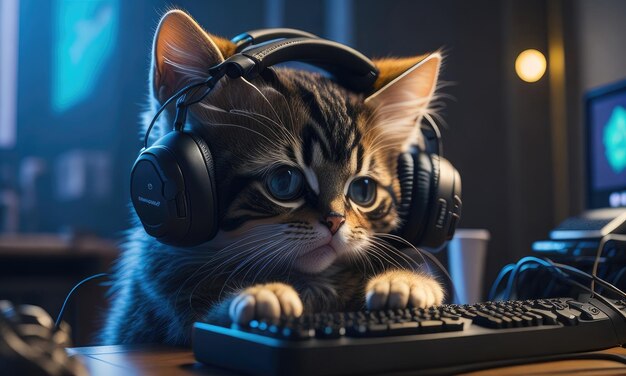 Gamer gatinho bonito usando fones de ouvido sentado no computador