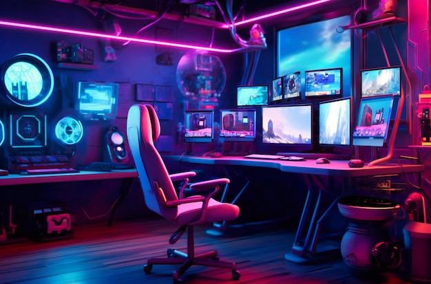 Gamer-Schreibtisch mit leuchtenden lila Lichtern