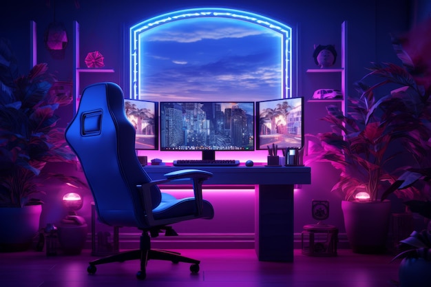 Gaming-Computer im Neonlicht Schönes Illustrationsbild Generative KI