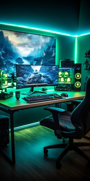 Gaming-Computer-Setup, RGB-Beleuchtung, Mann sitzt auf dem Gaming-Stuhl, Kopfhörer auf den Ohren