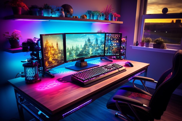 Foto gaming-computer-setup, rgb-beleuchtung, mann sitzt auf dem gaming-stuhl, kopfhörer auf den ohren