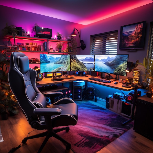 Gaming-Computer-Setup, RGB-Beleuchtung und gebogener Monitor, Gaming-Stuhl, RGB-Beleuchtungsraum