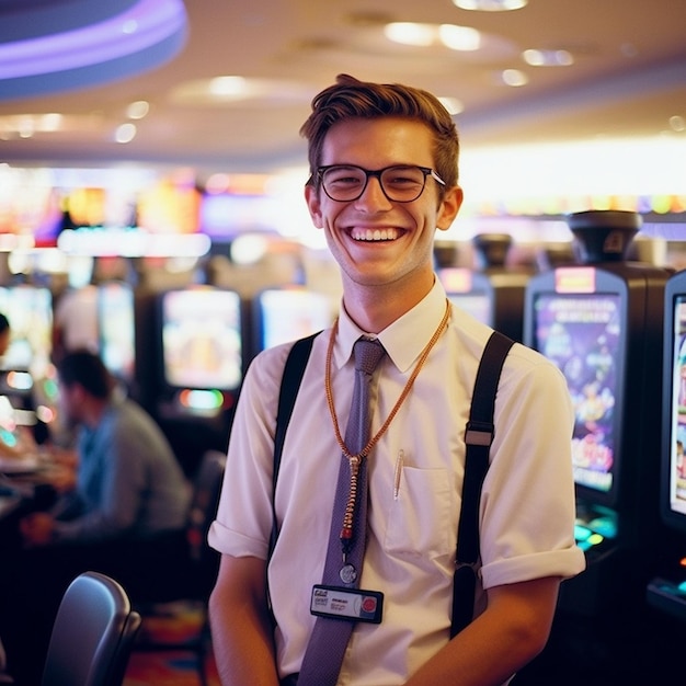 Gaming-Floor-Manager lächelt mit der Tageszeit-Abendkamera