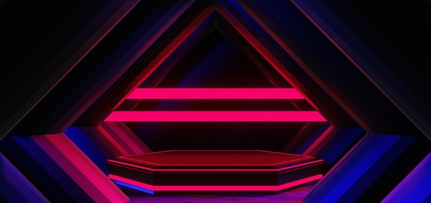 Gaming-Hintergrund, abstrakte Tapete, Cyberpunk-Stil, SciFi-Spiel, Neonlicht der Bühnenszene im Sockelraum, 3D-Illustration, Darstellung des Esport-Team-Konzepts