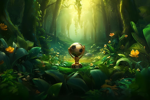 Gaming-Hintergrund goldener Pokal mit Fußball auf tropischem Hintergrund