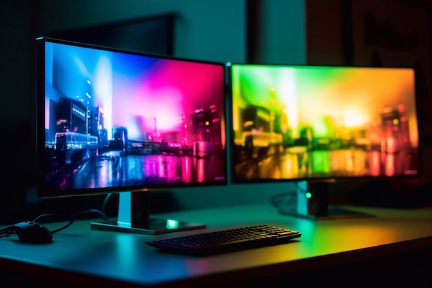 Gaming-PC auf dem Tisch mit generativer KI im RGB-Beleuchtungshintergrund