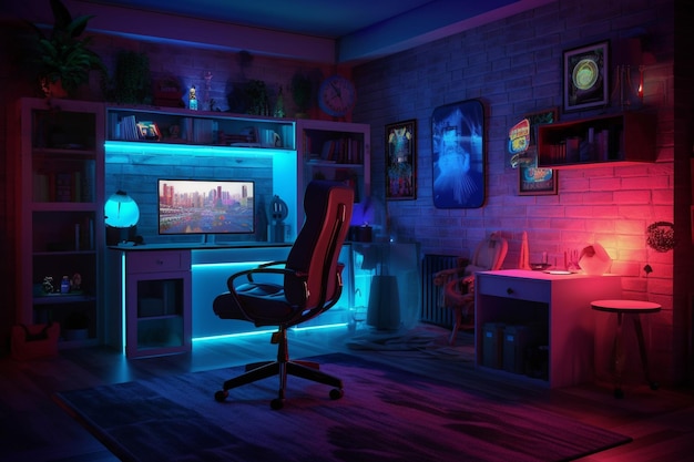 Gaming-PC-Raum mit LED-Leuchten in verschiedenen Farben. Ai-generierte Illustration