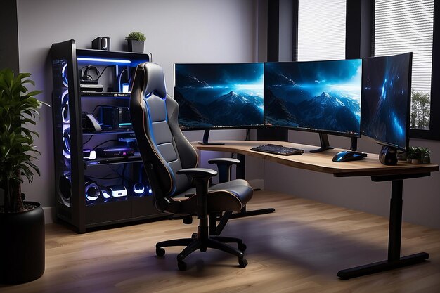 Foto gaming pc set up neon lightchir table monitor desk