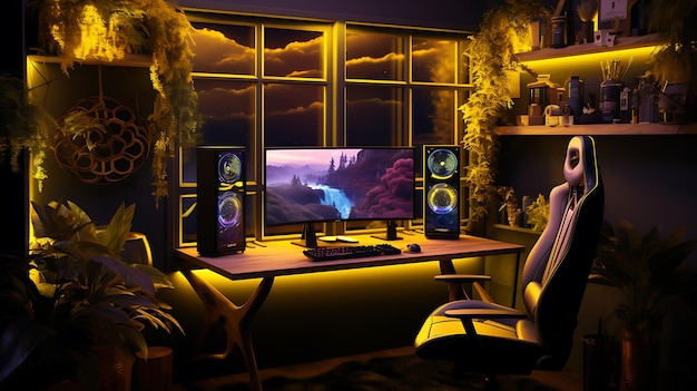 Gaming-Wohnzimmer mit Videospieler niemand mock up Neeon chill gemütliche Gaming-Schlafzimmer