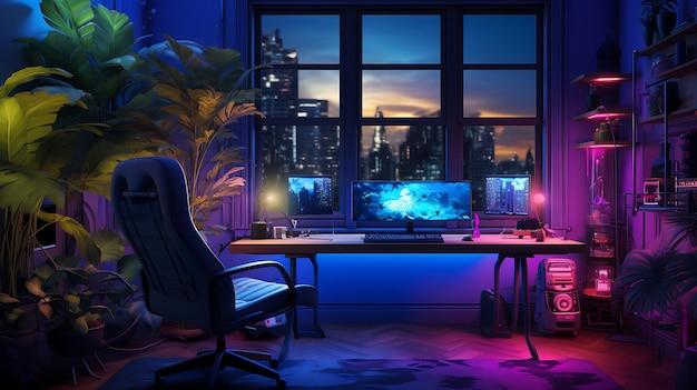 Gaming-Wohnzimmer mit Videospieler niemand mock up Neeon chill gemütliche Gaming-Schlafzimmer