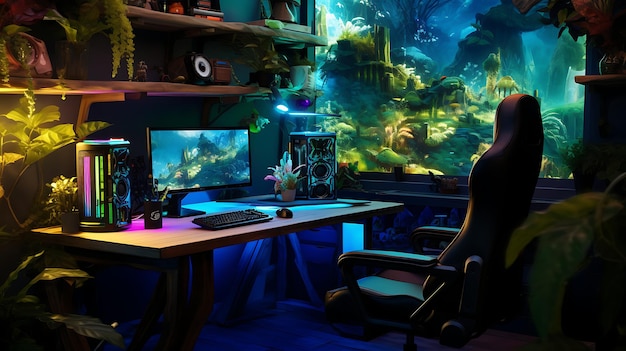 Gaming-Wohnzimmer mit Videospieler niemand mock up Neeon chill gemütliche Gaming-Schlafzimmer