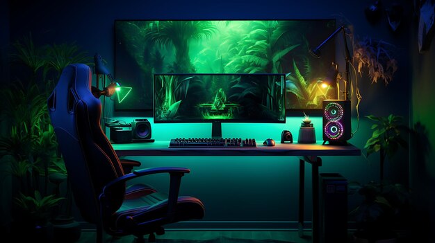Foto gaming-wohnzimmer mit videospieler niemand mock up neeon chill gemütliche gaming-schlafzimmer