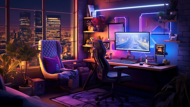 Gaming-Wohnzimmer mit Videospieler niemand mock up Neeon chill gemütliche Gaming-Schlafzimmer