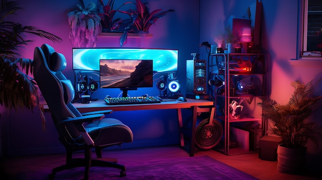 Gaming-Wohnzimmer mit Videospieler niemand mock up Neeon chill gemütliche Gaming-Schlafzimmer