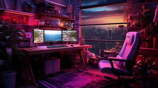 Gaming-Wohnzimmer mit Videospieler niemand mock up Neeon chill gemütliche Gaming-Schlafzimmer