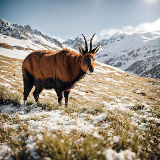 Gamuza alpina en el paisaje nevado y cubierto de hierba del invierno