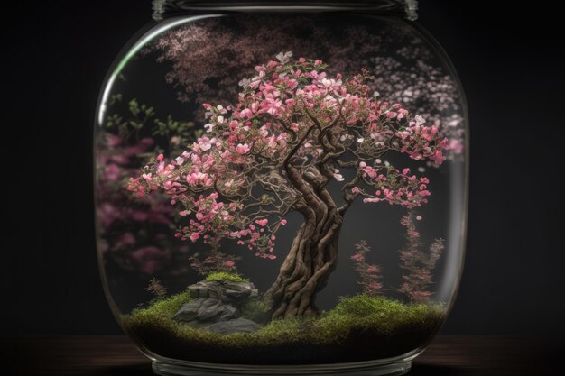 Ganador bonsai sakura en frasco de vidrio muy detallado botánico enfoque agudo composición perfecta