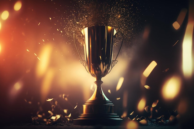 Ganador de la copa del trofeo del campeón de oro en el fondo de luces oscuras bokeh borroso Arte generado por IA