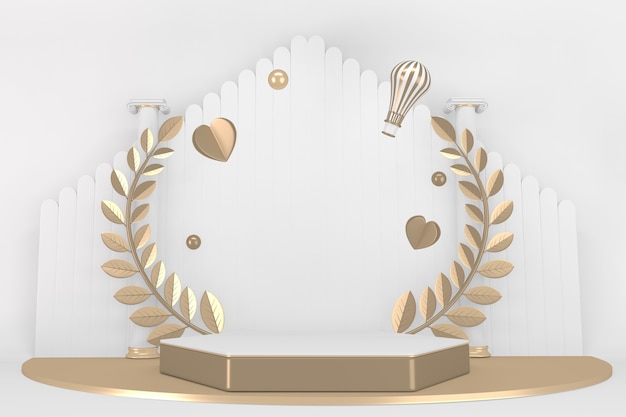 Ganador del podio de la victoria de oro en el diseño minimalista de fondo blanco. Representación 3D