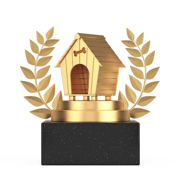 Ganador del premio Cube Gold Laurel Wreath Podium Stage o Pedestal con Golden Cartoon Dog House 3d Rendering