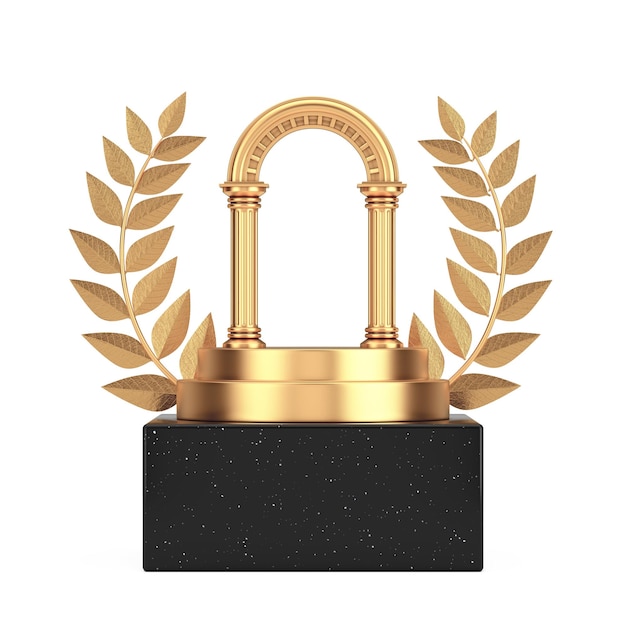 Ganador del premio Cube Gold Laurel Wreath Podium Stage o Pedestal con Golden Classic Ancient Greek Column Arc 3d Rendering