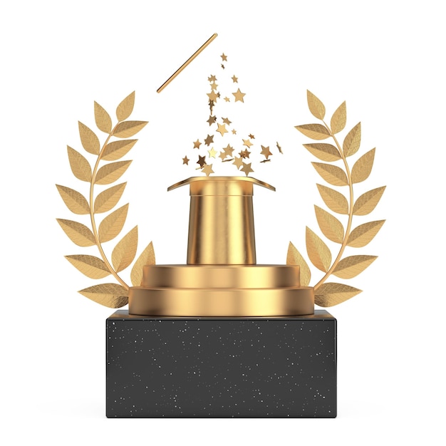 Foto ganador del premio cube gold laurel wreath podium stage o pedestal con golden magic hat y wand con gold sparkles 3d rendering