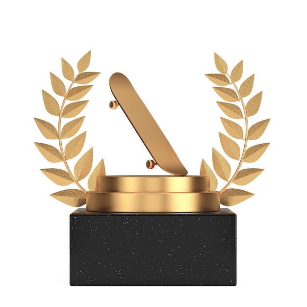 Ganador del premio Cube Gold Laurel Wreath Podium Stage o Pedestal con Golden Modern Skateboard Deck 3d