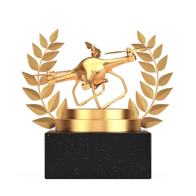 Ganador del premio Cube Gold Laurel Wreath Podium Stage o Pedestal con Golden Quadcopter Drone 3d Rendering