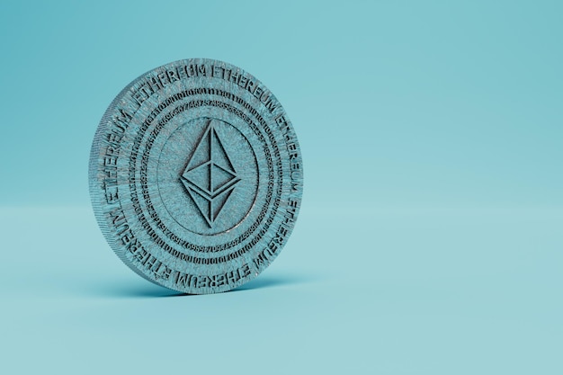 Ganancias en la moneda de criptomoneda Etereum en un render 3D de fondo azul