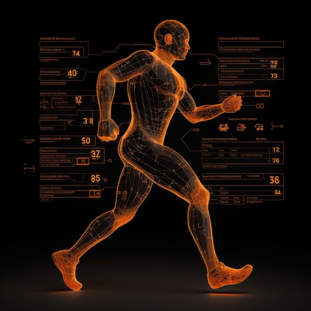 Ganar la carrera de fitness Ilustración de estructura metálica naranja del atleta Sprint y conteo de calorías en