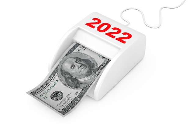 Ganar dinero en el concepto de año nuevo 2022. Máquina de año nuevo Money Maker 2022 con billetes de dólares sobre un fondo blanco. Representación 3D