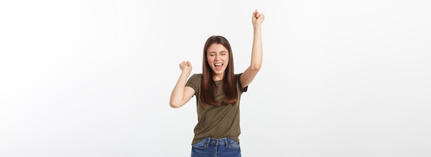 Ganar éxito mujer feliz extasiado celebrando ser un ganador dinámico imagen enérgica de caucásico