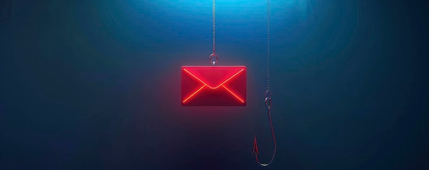 Foto un gancho de pesca con un icono de sobre colgado en él que representa el concepto de recolección de datos en vivo de correo electrónico en hacker cibernético contra un fondo azul oscuro ilustración digital