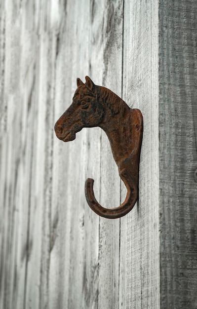 Foto gancho de ropa en forma de cabeza de caballo en una pared de madera