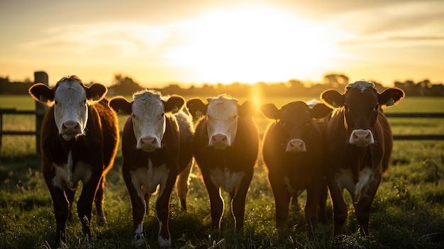 Gando de vacas em um campo de grama durante o verão ao pôr do sol Generative Ai